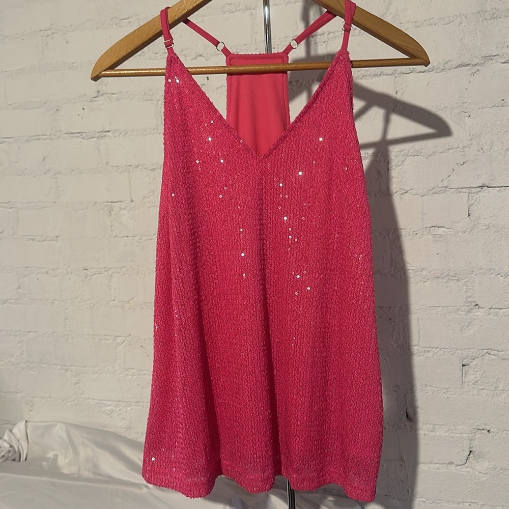 Pink All Over Sequined Spaghetti Strap Adjustable Strap Lined Tank Top